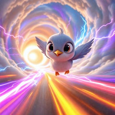 The primary subject of the image is a small bird, possibly a penguin, flying through a tunnel-like structure. The bird is surrounded by a vibrant and colorful environment, with a mix of purple, orange, and yellow hues. The setting appears to be a digital art or illustration, creating a dynamic and lively atmosphere. The bird's flight and the tunnel's design suggest a sense of motion and energy in the scene.